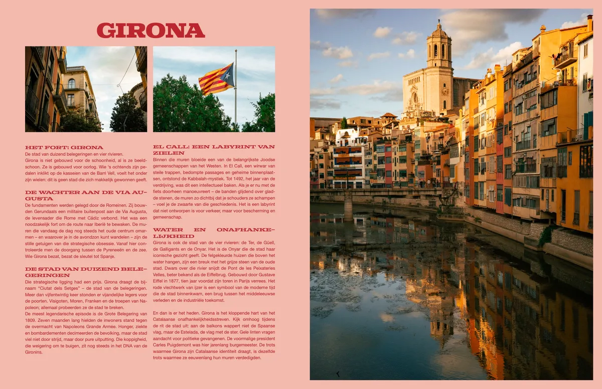 Dubbele pagina uit het magazine Girona 2025, hoofdstuk over de stad Girona